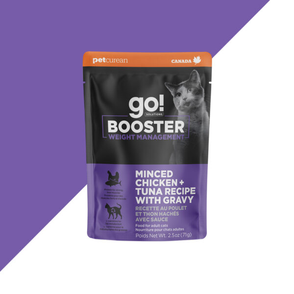 GO SOLUTIONS BOOSTER 2.5OZ CAT WEIGHT MGT MINCED CHICKEN & TUNA W/ GRAVY