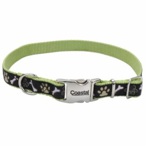 COASTAL RIBBON DOG COLLAR 12"-18" (5/8") BROWN PAWS AND BONES