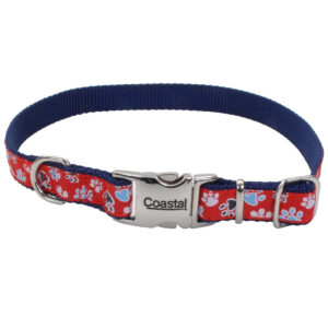 COASTAL RIBBON DOG COLLAR 8''-12'' (5/8'') RED WITH PAWS