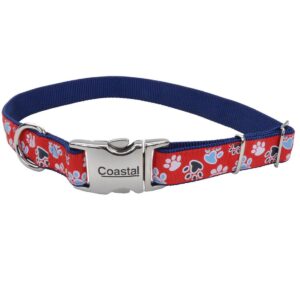 COASTAL RIBBON DOG COLLAR 18"-26" (1") RED WITH PAWS
