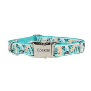 COASTAL RIBBON DOG COLLAR 18"-26" (1") TEAL SKETCHED ABSTRACT